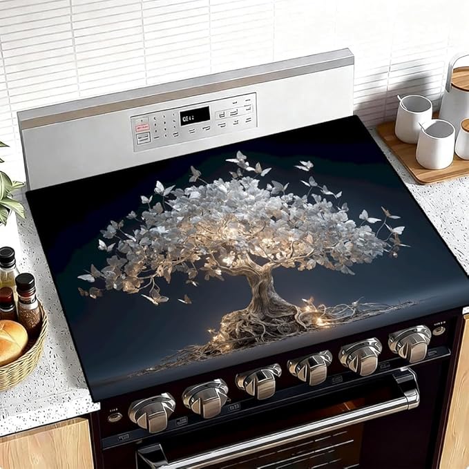 Stove Top Cover for Electric Stove 28.4 x 20.5 Inch Non Slip Stove Mat Oil Proof White Butterfly Tree Glass Cooktop Protector Kitchen Counter Mat