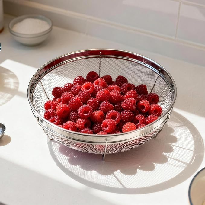Fine Mesh Strainer for Kitchen, Stainless Steel Colander Bowl for Pasta, Rice, Fruit, Metal Net Baskets with Resting Base - Strain, Drain, Rinse (Diameter 9.84 inch)