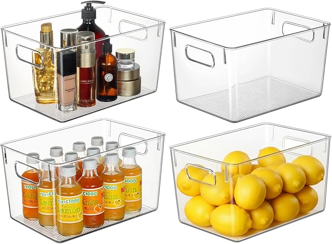 Hudgan Set of 4 Clear Plastic Storage Bins, 4 Large Storage Containers for Pantry Organizers, Home Edit, Kitchen Cabinet, Refrigerator, Under Sink Organization, Bathroom, Office