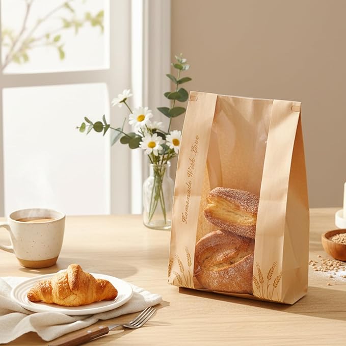 Honoson 300 Pcs Large Paper Bread Bags for Homemade Gift Giving, Sourdough Bread Bags with Window, Bakery Storage Tin Tie Tab Lock Cookie Packaging with Label Seal Stickers (Bright Style)
