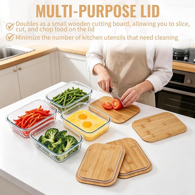 6 Pack Glass Food Storage Containers with Bamboo Lids, Stackable Meal Prep Containers, Clear Airtight Glass Bowls for Microwave, Oven, Freezer & Dishwasher Safe