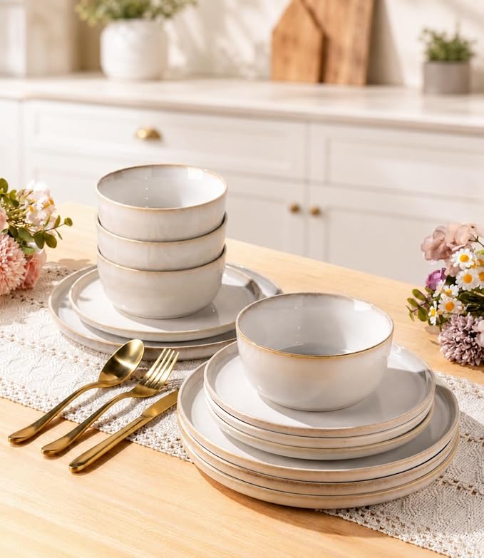 GBHOME Ceramic Dinnerware Sets for 4, 12 Pieces Stoneware Plates and Bowls Sets, Scratch Resistant Dishes, Dishwasher & Microwave Safe, Reactive Glaze