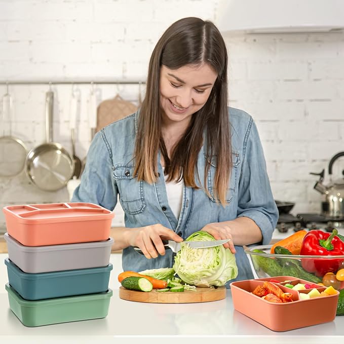 Honeydak 6 Pcs Silicone Bento Box Reusable Lunch Container 4 Compartment Snack Boxes with Lid Smooth LeakProof Rectangle Food Boxes for Adult Work Travel Food Storage (Cute Color)