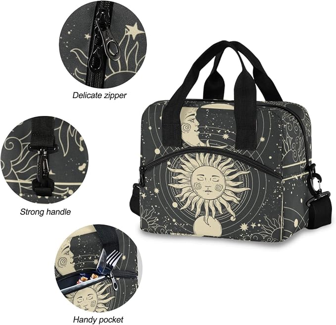 Astrology Tarot Goth Insulated Lunch Bag Reusable Lunch Tote Bag Cooler Bag for Women Men Adult Lunch Box with Adjustable Shoulder Strap Leakproof Lunch Bag for Work School Picnic Camping