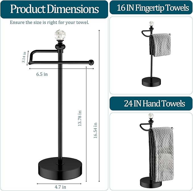 ROLABAM Heavy Weighted Hand Towel Holder(with Crystal Ball) Standing Hand Towel Holder Total Height 15.7'' for Kitchen,Bathroom,Vanity,Classic Decorative Metal Hand Towel Stand,Matte Black