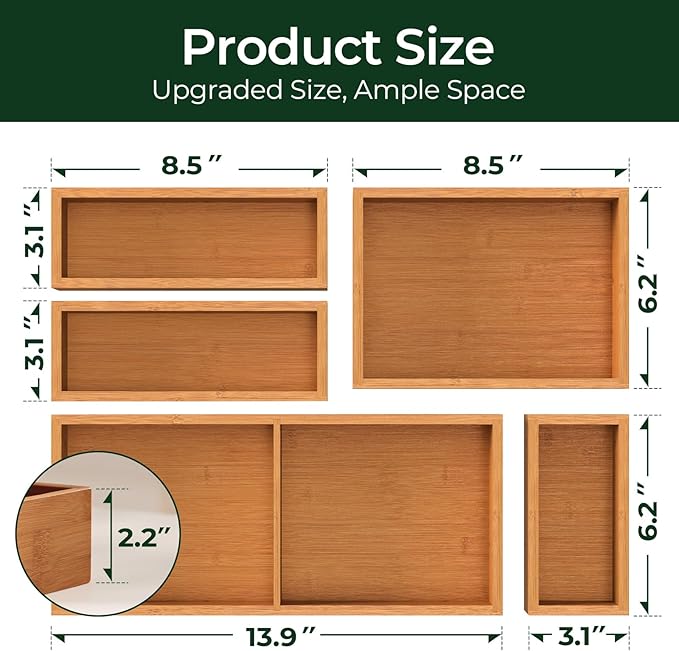 keechee Carbonized Bamboo Kitchen Drawer Organizer (Bundle: 5pc Organizers Set)