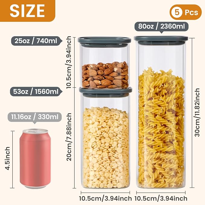 Square Glass Food Storage Jars with Lids Set of 5, Perfect for Pasta, Cookies, Nuts, Coffee, Cereal, Flour,Organize Your Kitchen with these BPA-Free Glass Jars with Silicone Lids