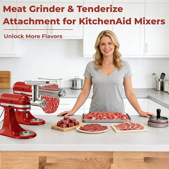 Stainless Steel Meat Grinder & Meat Tenderizer Attachments Compatible with KitchenAid Stand Mixer, 3 Adjustable Thickness - Includes 4 Grinding Plates, 3 Sausage Stuffer Tubes & Burger Press