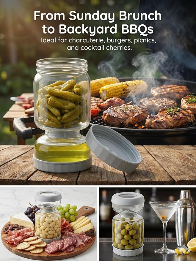 Homnoble Pickle and Olive Hourglass Jar with Strainer Flip for Pickle Juice Separator from Wet and Dry, Upgrade Food-grade ABS Lid and BPA Free Hourglass Jar for Airtight Storage