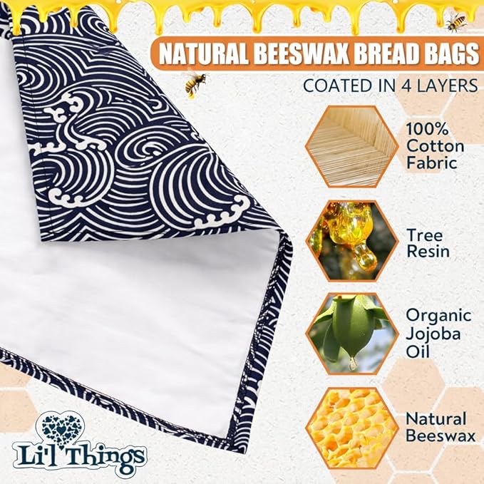 Sourdough Bread Bag – Reusable Beeswax Bread Storage Bags 2.0 (2 Sizes) for Homemade & Artisan Loaves, Cotton-Lined Bread Keeper, Plastic-Free Kitchen Storage - Japanese Araumi Waves)