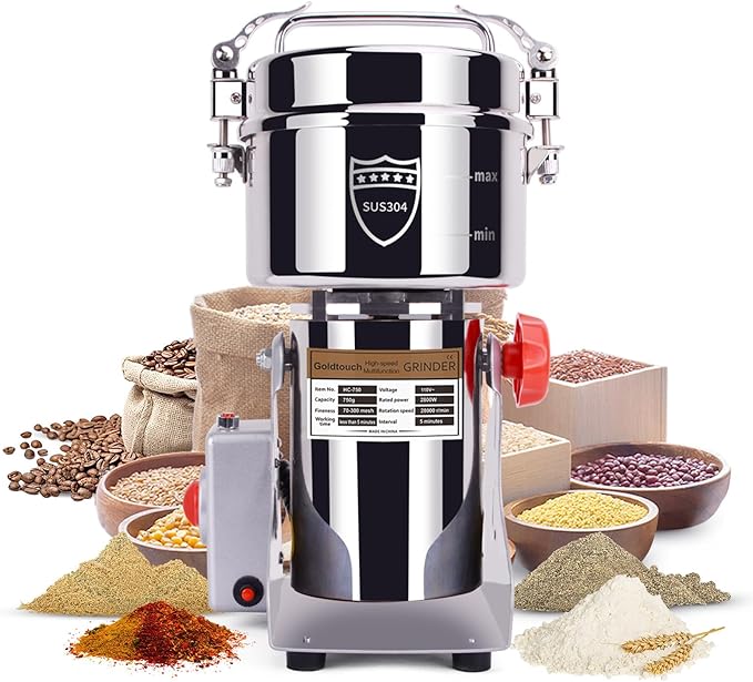 Goldtouch 750g Grain Mill Grinder 2800W Electric Stainless Steel Grain Grinder High-Speed Pulverizer Powder Machine for Dry Wheat, Oats, Corn, Pepper and Coffee Beans (750g Swing Type)