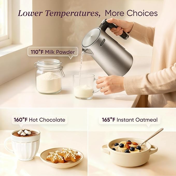 Cosori Stainless Steel Electric Kettle with Temperature Control, 1.7L | No Plastic Contact with Water, 5 Presets, ±5°F Temp Control, 60-Min Keep Warm, Dual Lid Opening, Tea, Coffee & Hot Water