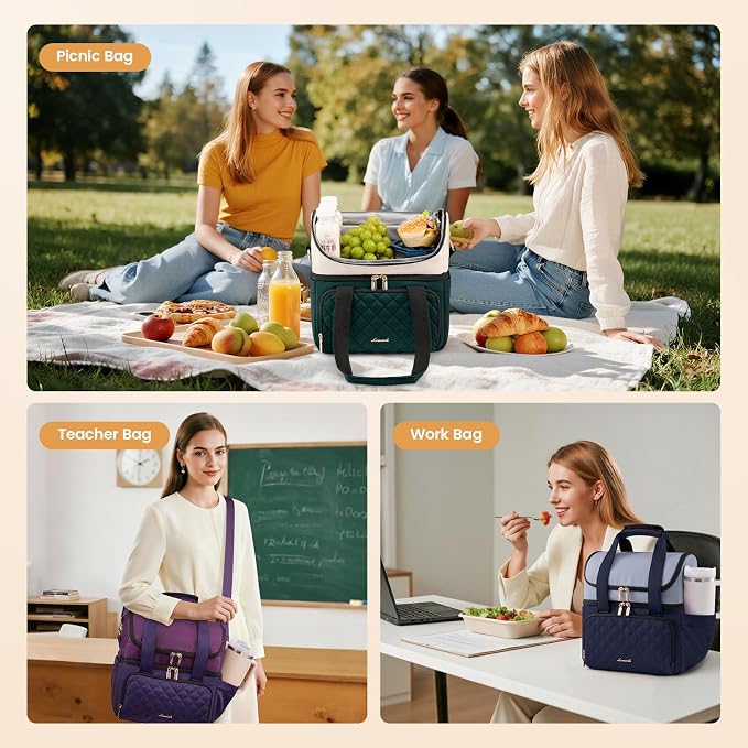 LOVEVOOK Insulated Lunch Bag For Women,X Large Double Deck Adult Lunch Box,Teacher Lunch Tote Bag With Cup Holder,Leakproof Cooler Bag With Adjustable Shoulder Strap For Work Picnic Beach,Larger 24L