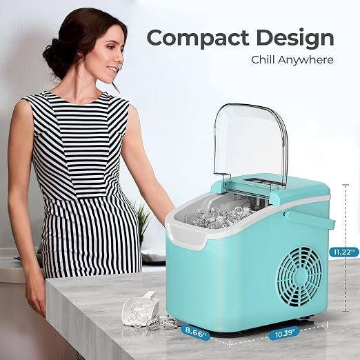 Countertop Ice Maker, 26 lbs/Day ice Production, 2 Sizes, 8 ice Cubes in 6 Minutes - Portable Mini, Energy Efficient, with Basket/Scoop for Home/Party/Travel/Camping/Bar