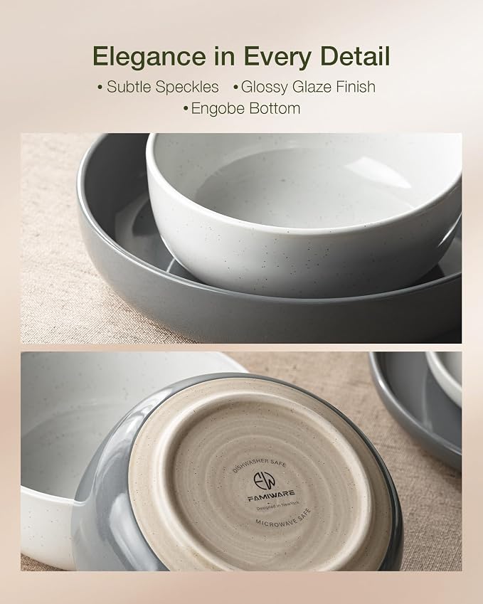 Famiware Milkyway Plates and Bowls Sets, 12 Pieces Stoneware Dinnerware Sets, Dishes Set for 4, White & Dark Gray