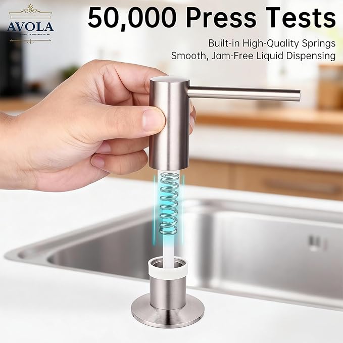 Avola Kitchen Sink Soap Dispenser, Solid Brass Pump with 47" Food-Grade Silicone Extension Tube & 17oz PET Bottle,in or Under Sink Installation, Brushed Nickel, Anti-Reflux Built in Soap Dispensers
