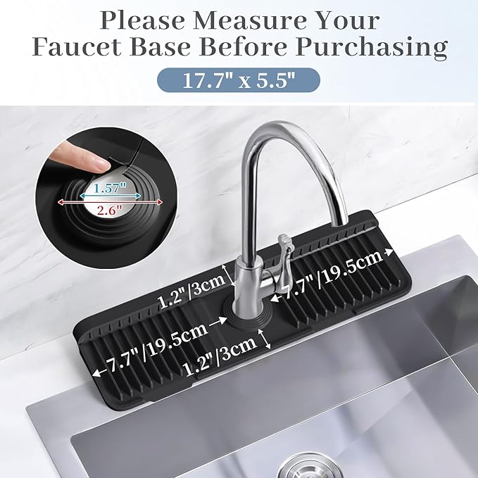 PoYang 17.7 inch Faucet Mat for Kitchen Sink Splash Guard, 7° Slope Silicone Sink Water Splash Guard for Kitchen Sink Area with Snap Button, Long Sink Protectors for kitchen Sink Sponge Holder, Black