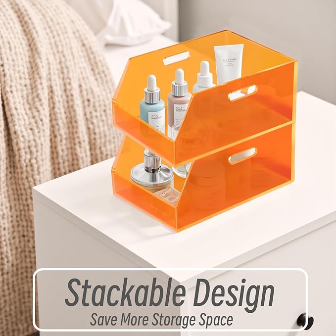 Gelite Stackable Storage Bins Open Front Organizer Bins with Handles Acrylic Storage Container for Pantry Kitchen Cabinet Bathroom Closet Office Organization, 11.4x7.5x5.1'', Neon Orange
