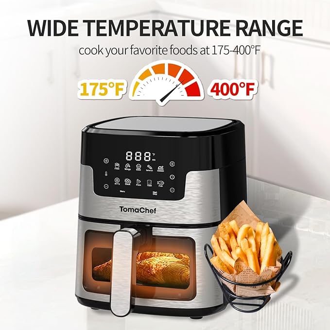 TomaChef Air Fryer 10-in-1, 5.3QT Compact Oil Free Cooker with Visible Window, Healthy Cooking, Digital Control for Family, Mothers Day Gifts for Mom, Fries, Fish, Bake, Cake, DIY（Black）