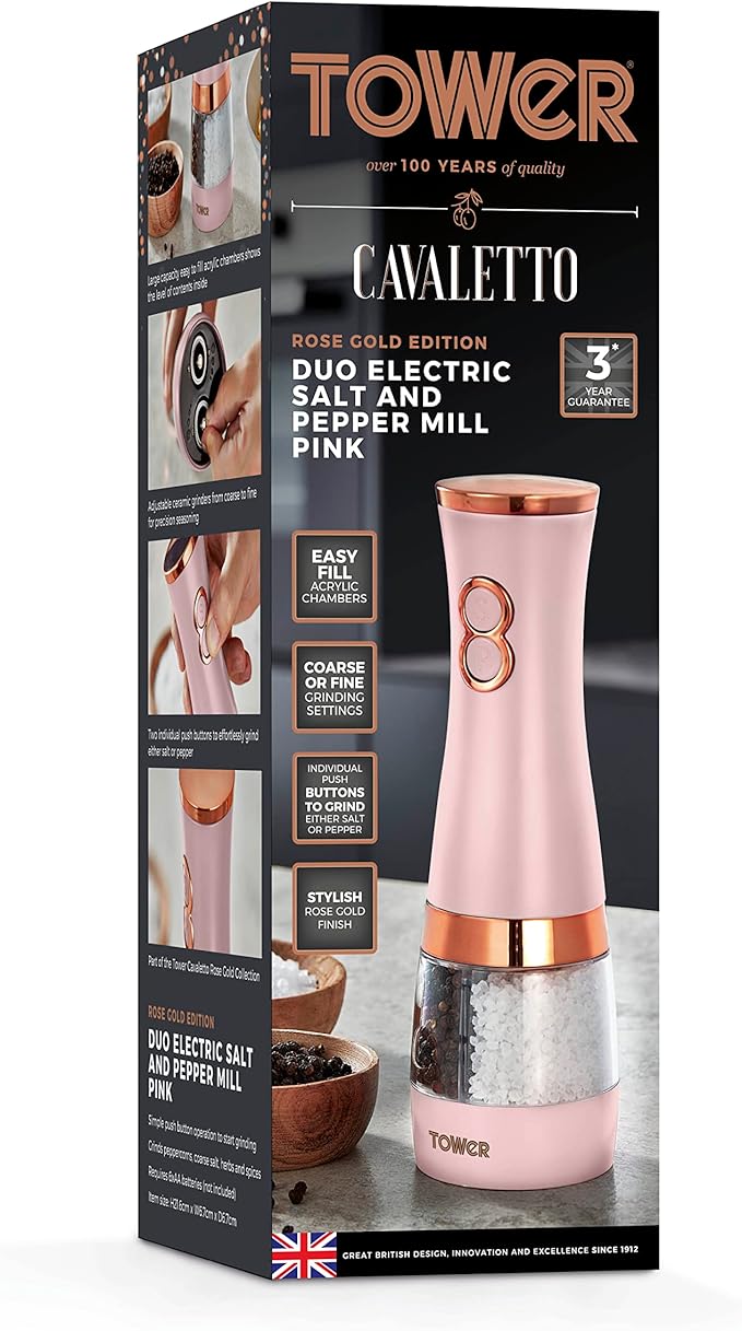 Tower T847004PNK Electric Salt and Pepper Mills, Battery Operated with Adjustable Ceramic Grinders, Pink and Rose Gold