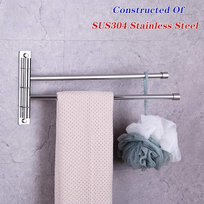 GERZWY Bath Towel Rack Hanger Towel Holder Organizer Bathroom Swing Arm Towel Bars 2-Arm Wall Mount Stainless Steel Polished Finish