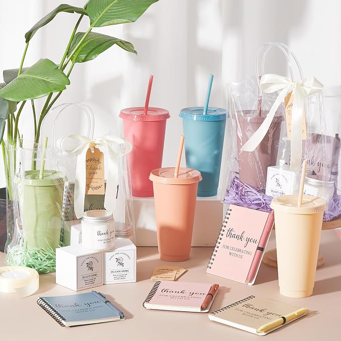Nuogo 6 Sets New Parent Shower Prizes for Player Winners Adult, Wedding Bridal Shower Gift, Plastic Tumbler Notebook Scented Candle Ballpoint Pen Bag (Morandi Color,Classic Style)