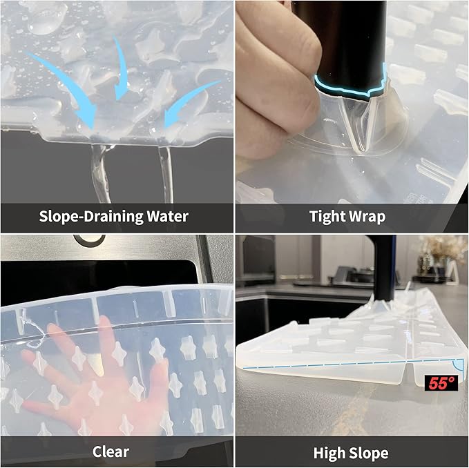 Gosmol Kitchen Faucet Sink Splash Guard Silicone Faucet Mat, XXL 30 inch Faucet Handle Drip Catcher Tray, Deflector Under The Faucet, Self Draining Slopes Design Keep Kitchen Bathroom Drying - Clear