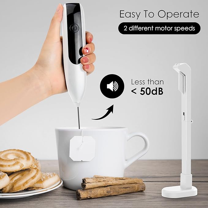 GOCHA | FrothMaster X2 Rechargeable Milk Frother – 2-Speed Handheld Foam Maker for Coffee, Lattes, Matcha – USB-C Charging, Stainless Steel Whisk, Stand Included (White)