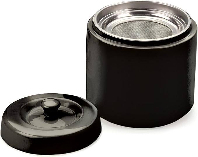 RSVP International Stoneware Grease Keeper with Lid & Stainless Steel Mesh Strainer, 6 Cup Capacity, Black