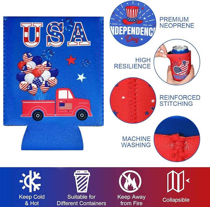【16 PCS】 4th of July Can Holder in Bulk 4th of July Decorations Outdoor Can Cooler 4th of July Accessories Party Favors Patriotic Party Supplies Fourth of July Independence Day Accessories