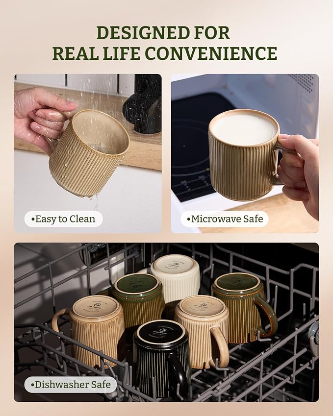 famiware Coffee Mug Set for 4, Star 12 oz Catering Mugs Cup Set with Handle for Coffee, Tea, Cocoa, Milk - Ceramic Stoneware Drinkware Set, Cream