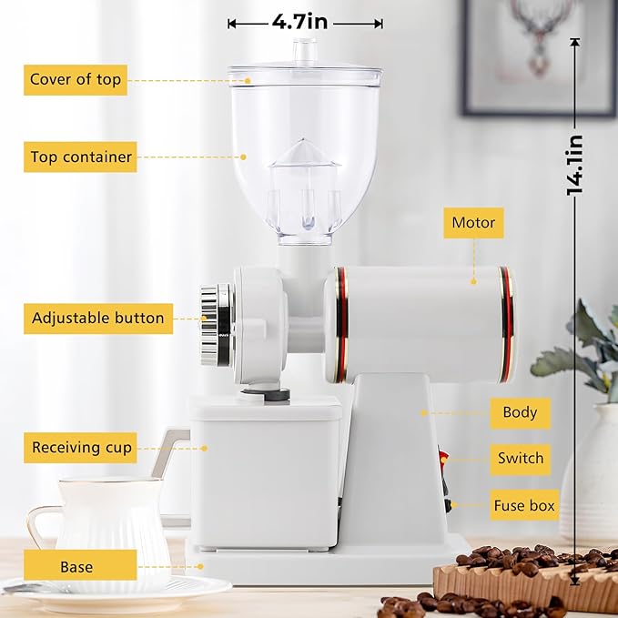 Burr Coffee Grinder Electric Espresso Grinder Commercial & Homeuse Silent Small Coffee Bean Grinder with Hopper Adjustable Grind, With Brush, Spoon, White