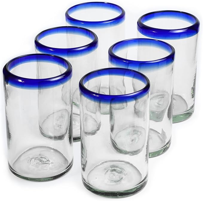 15 oz Hand Blown Mexican Drinking Glasses - Set of 6 tumblers, 15 fl oz each, Cobalt Blue Rim
