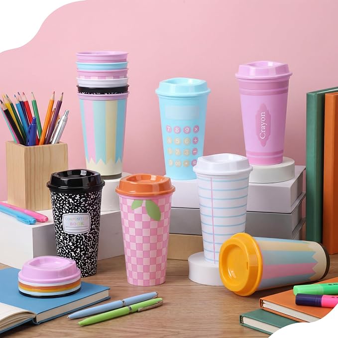 Skylety 12 Pcs Back to School Teachers Gifts Teacher Appreciation Gifts Teacher Deals Bulk Reusable Plastic Coffee Cup with Lid for First Day of School Party Decorations (Pastel)