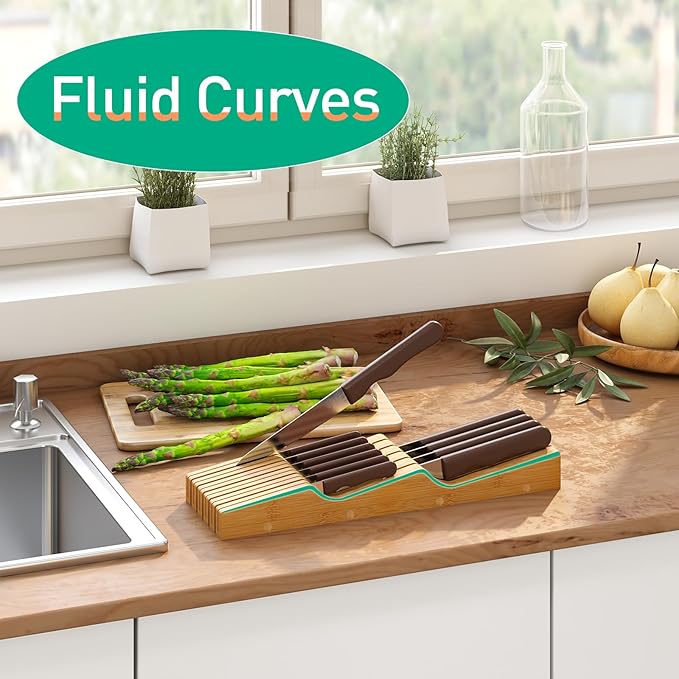 Knife Drawer Organizer Insert, Bamboo Wood Knife Holder, Knife Block Holds Up To 11 Knives