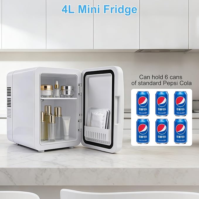 Mini Fridge, 4L/6 Can Portable Personal Refrigerator - Cooler and Warmer, Ideal for Car Use and for Skin Care, Cosmetics, Beverage, Food, Great for Bedroom, Office, Dorm