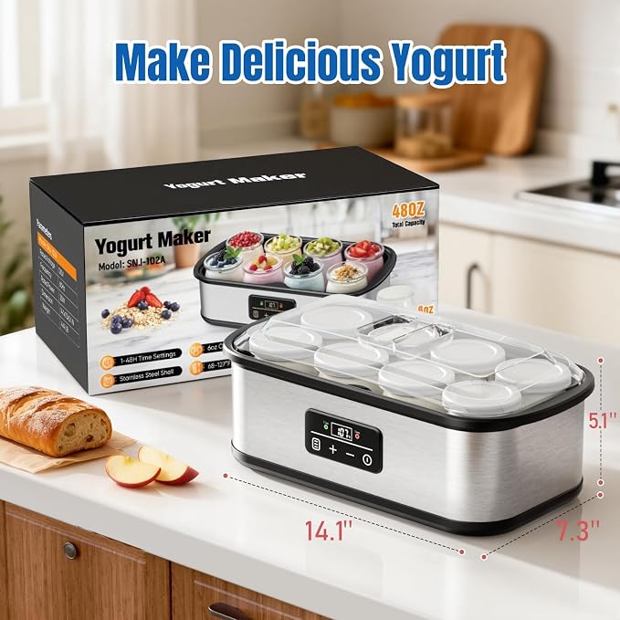 Yogurt Maker with Temperature Control, Yogurt Maker Machine with Auto-off, Make Healthy Yogurt with Full Probiotics, 8×6oz Glass Jars