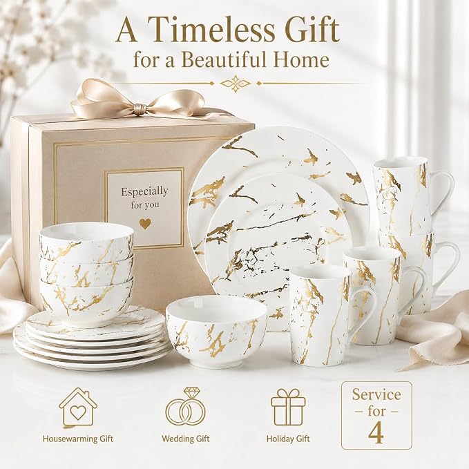 White and Gold Dinnerware Set for 4, 16-Piece Porcelain Plates and Bowls Set with Gold Trim, Modern Ceramic Dish Set for Home Dining and Gifts