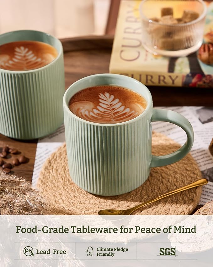 famiware Coffee Mug Set for 4, Star 16 oz Catering Mugs Cup Set with Handle for Coffee, Tea, Cocoa, Milk - Ceramic Stoneware Drinkware Set, Matte Green