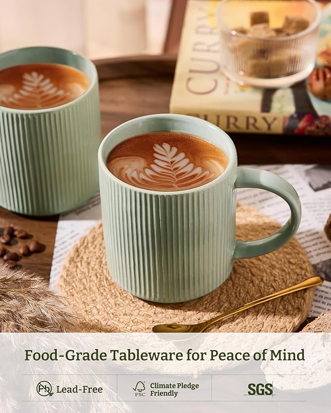 famiware Coffee Mug Set for 6, Star 16 oz Catering Mugs Cup Set with Handle for Coffee, Tea, Cocoa, Milk - Ceramic Stoneware Drinkware Set, Matte Green
