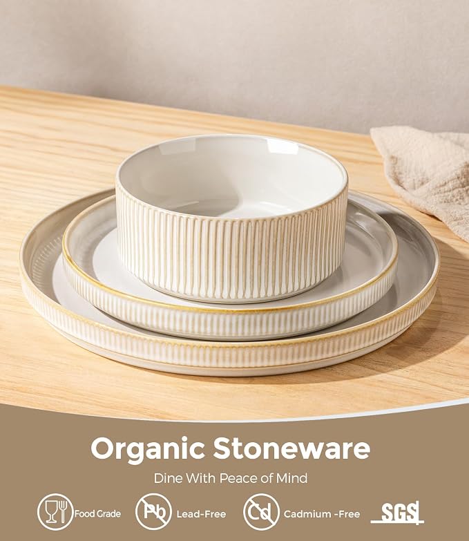 GBHOME Stoneware Dinnerware Sets for 4, 12 Pieces Lightweight Ceramic Ribbed Plates and Bowls Set,Reactive Glaze Stackable Plate Sets,Scratch Resistant Dishes,Microwave & Dishwasher Safe,Vanilla Latte