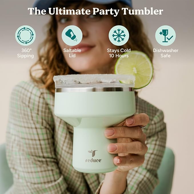 REDUCE Saltini 16 oz Cocktail Tumbler - Insulated Margarita Tumbler with Lid - Keeps Drinks Cold for 10 Hours - 360 Sippable Martini Glass Alternative - Shatterproof, Perfect for Parties-Ocean Breeze