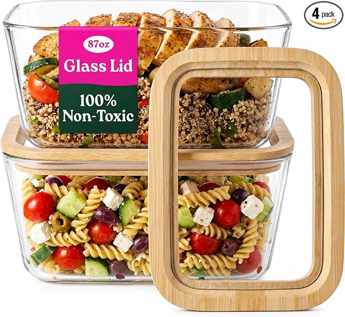 2-Pack-87.7 Oz Large Glass Food Storage Containers with Clear-Top Bamboo Lids – Plastic Free Glass Meal Prep Containers for Lunch, Eco Friendly Airtight, Microwave & Freezer Safe