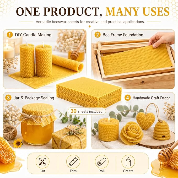 30Pcs Beeswax Sheets for Candle Making, Natural Wax Foundation for Bee Frames, DIY Candle Making Kit, Bees Wax Sheets for Beehives Honey (16.34 x 7.68inch)