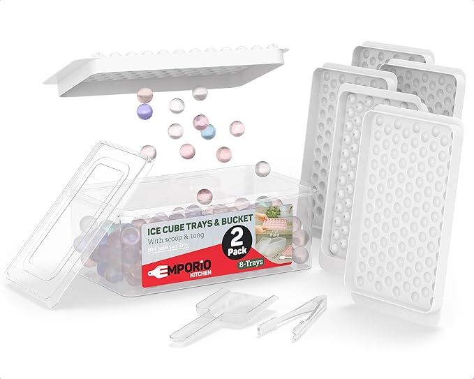 Emporio Kitchen Round Ice Cube Tray Set Pack of 2, BPA-Free Stackable Trays with Lid & Tongs, 104 Ice Balls Per Tray for Whiskey, Drinks, and Cocktails, Quick Release Round Ice Cube Mold, White
