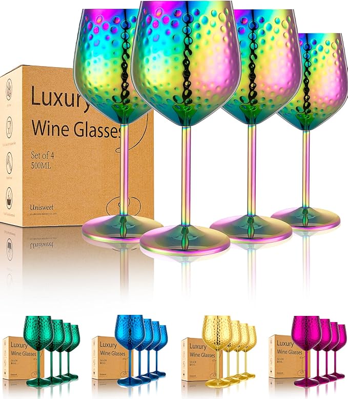 UNISWEET Stainless Steel Wine Glasses Set of 4 Unbreakable (Colorful) | 17 oz Large-capacity Hammered Goblets, Lightweight & Reusable, Good for Outdoor, Camping, Pool Travel, Gift for Wine Lovers