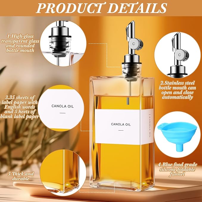 Reallnaive 4 Pcs Olive Oil Dispenser for Kitchen, Glass Olive Bottles Oil Seasoning Bottle Set Coffee Syrup Soy Sauce Dispenser(Silver,500 ml)
