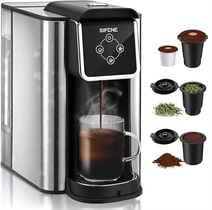 SIFENE Quick Brew Single Serve Coffee Maker, Versatile 3-in-1 Design for Coffee Pods, Ground Coffee, & Loose Tea, Adjustable 6-12oz Cup Sizes, Large 50oz Removable Water Tank, 1150W, Compact, Black