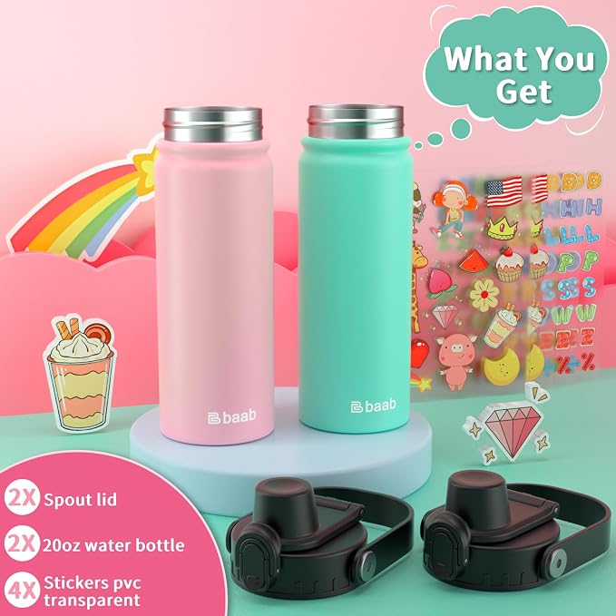 baab 20oz Kids Water Bottle, Insulated Kids Water Bottle with Lockable Spout Lid & Stickers, 18/8 Stainless Steel Vacuum Leakproof Kid Water Cup for Boy Girl & School (Pink+Mint Green, 2 Pack)