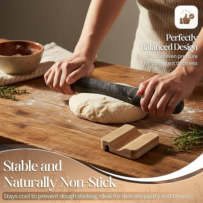 Flexzion French Rolling Pin, 12 Inch Black Marble Rolling Pins for Baking with Wooden Base Holder Stand - Non-Stick Baking Roller for Baking Fondant, Crust, Pastry, Cookies, Pizza, Pasta